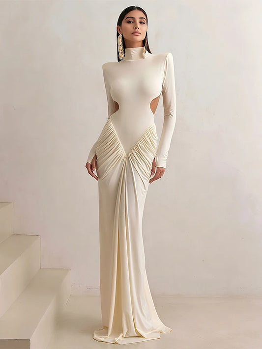 Peach Ruched Backless Maxi Dress