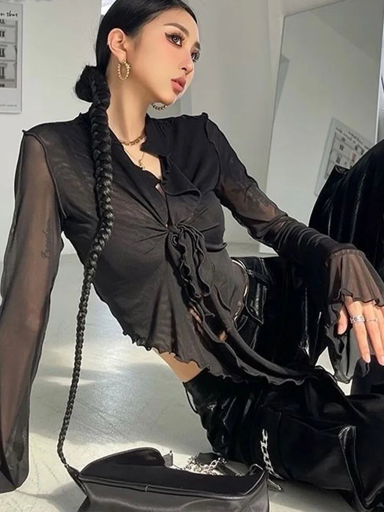 Zyrana Mesh Lace-Up Flare Blouse