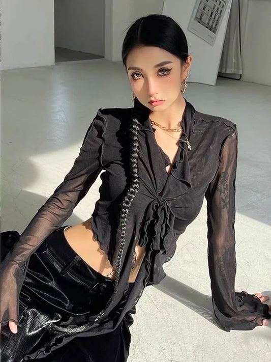 Zyrana Mesh Lace-Up Flare Blouse