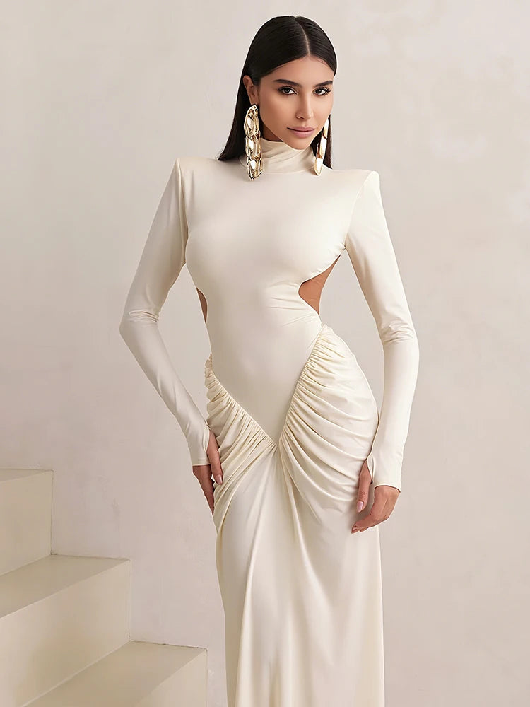 Peach Ruched Backless Maxi Dress