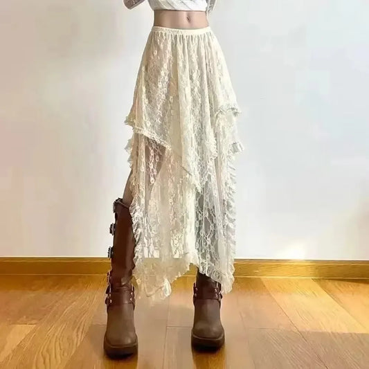 Zyrana Asymmetrical Lace Midi Skirt