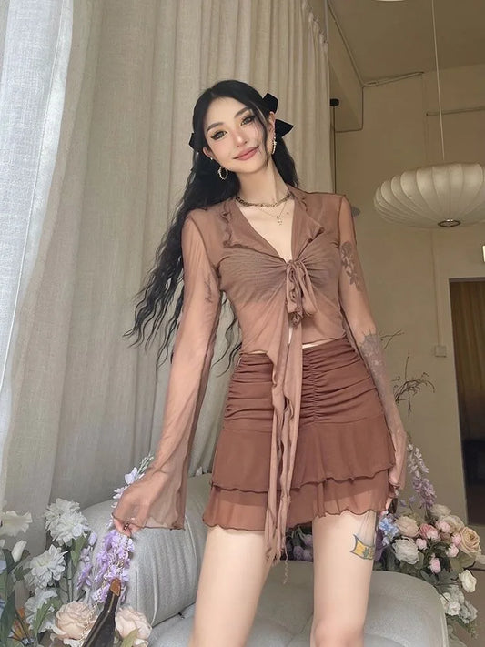 Zyrana Mesh Lace-Up Flare Blouse