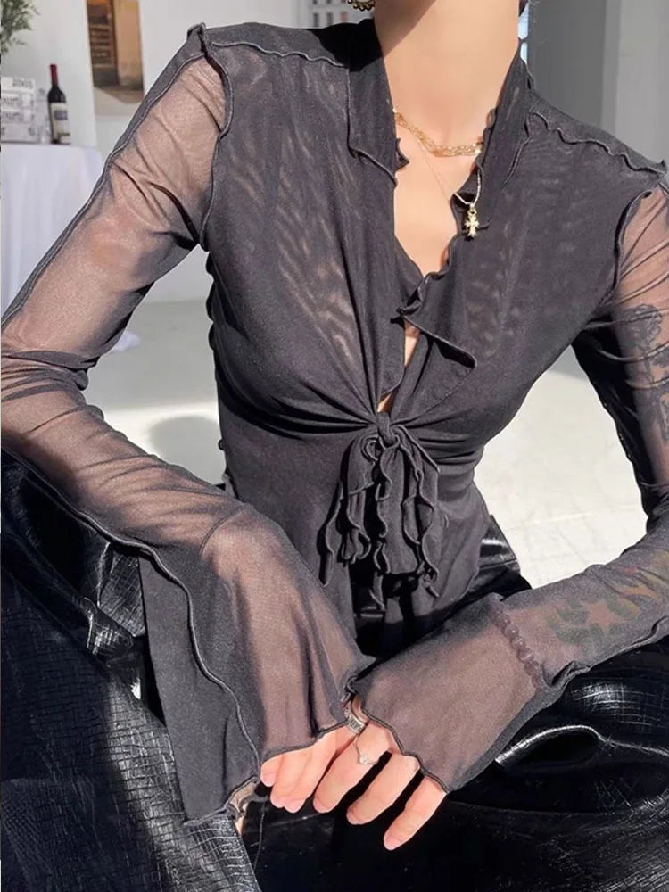 Zyrana Mesh Lace-Up Flare Blouse