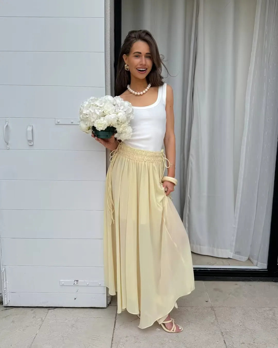 Zyrana Chiffon Midi Skirt with Side Drawstring