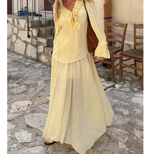 Zyrana Chiffon Midi Skirt with Side Drawstring