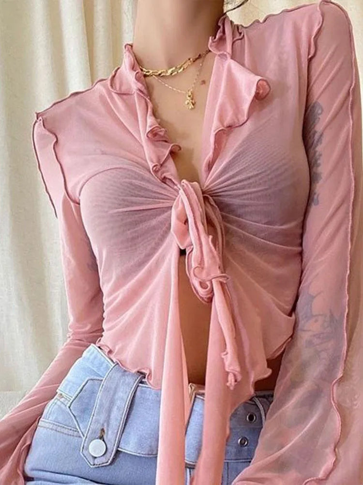 Zyrana Mesh Lace-Up Flare Blouse