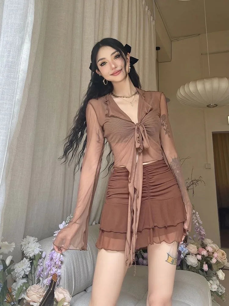 Zyrana Mesh Lace-Up Flare Blouse