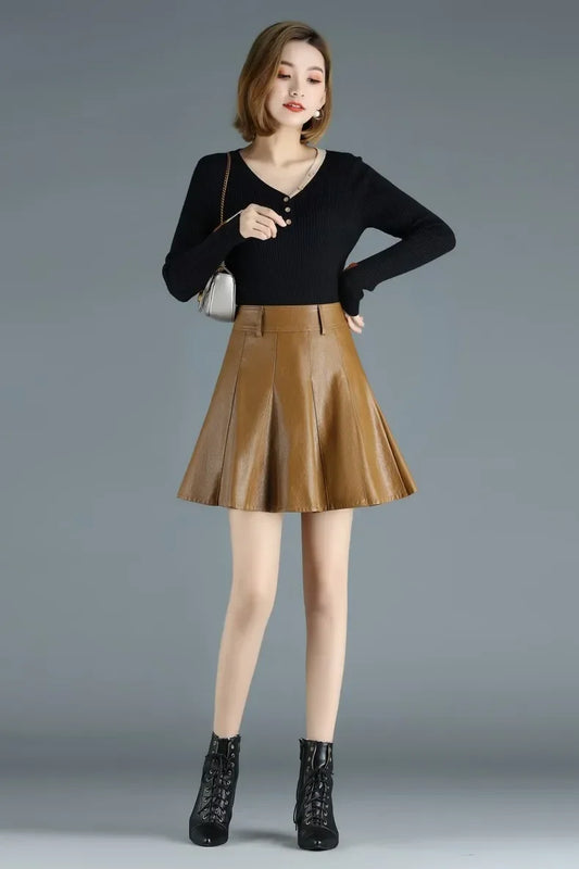 Zyrana High-Waist Genuine Leather Mini Skirt