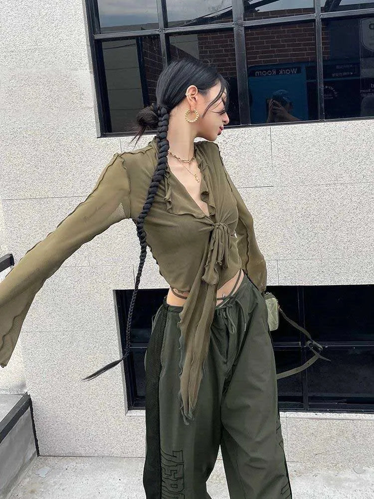 Zyrana Mesh Lace-Up Flare Blouse