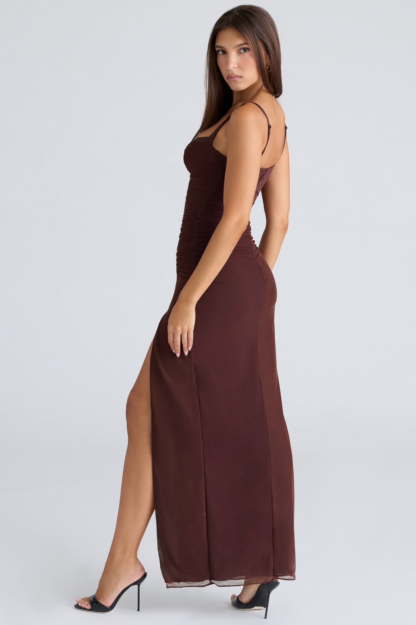 Vestido Maxi Lini Borgonha Malha Elástica Fenda Esculpida Elegante Confortável