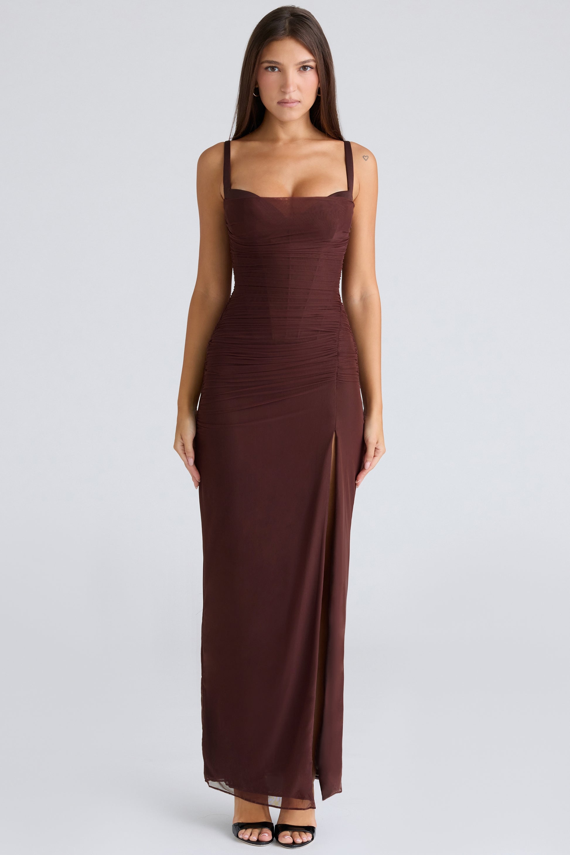 Vestido Maxi Lini Borgonha Malha Elástica Fenda Esculpida Elegante Confortável