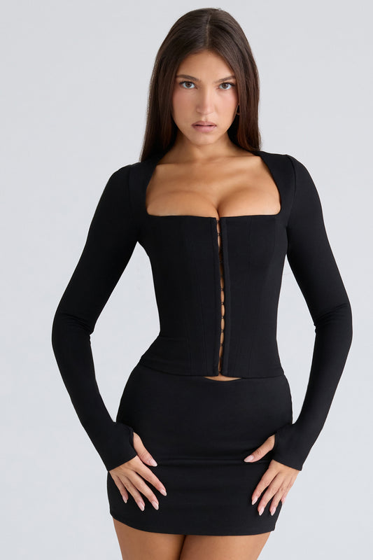 Top Corpete Balconete Manga Longa Preto: Estrutura Perfeita e Conforto Elástico