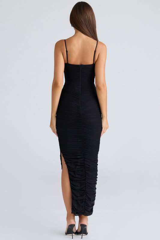 Vestido Maxi Fornarina Preto Malha Elástica Franzida Esculpido Elegante Festa Noite