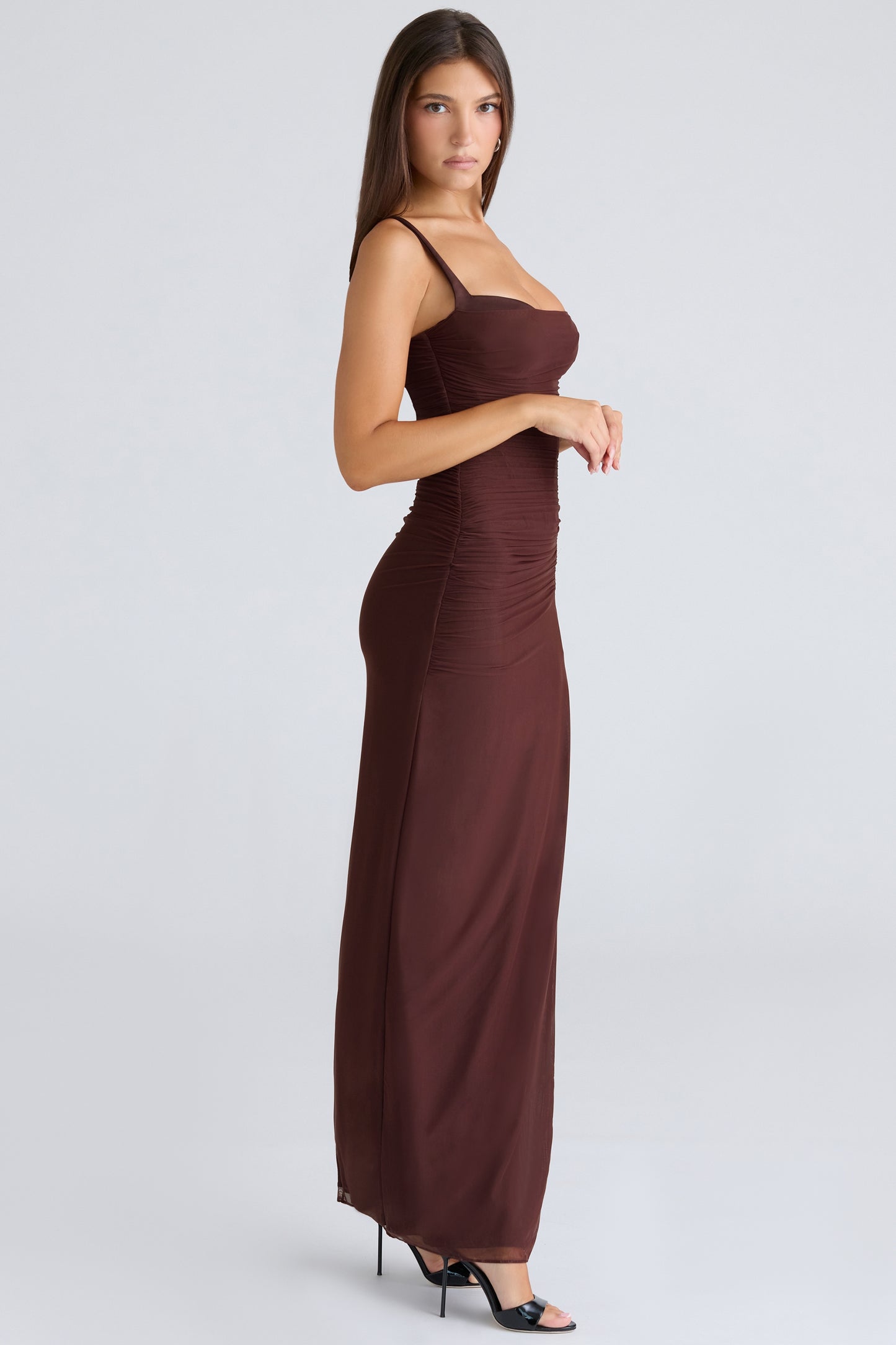 Vestido Maxi Lini Borgonha Malha Elástica Fenda Esculpida Elegante Confortável