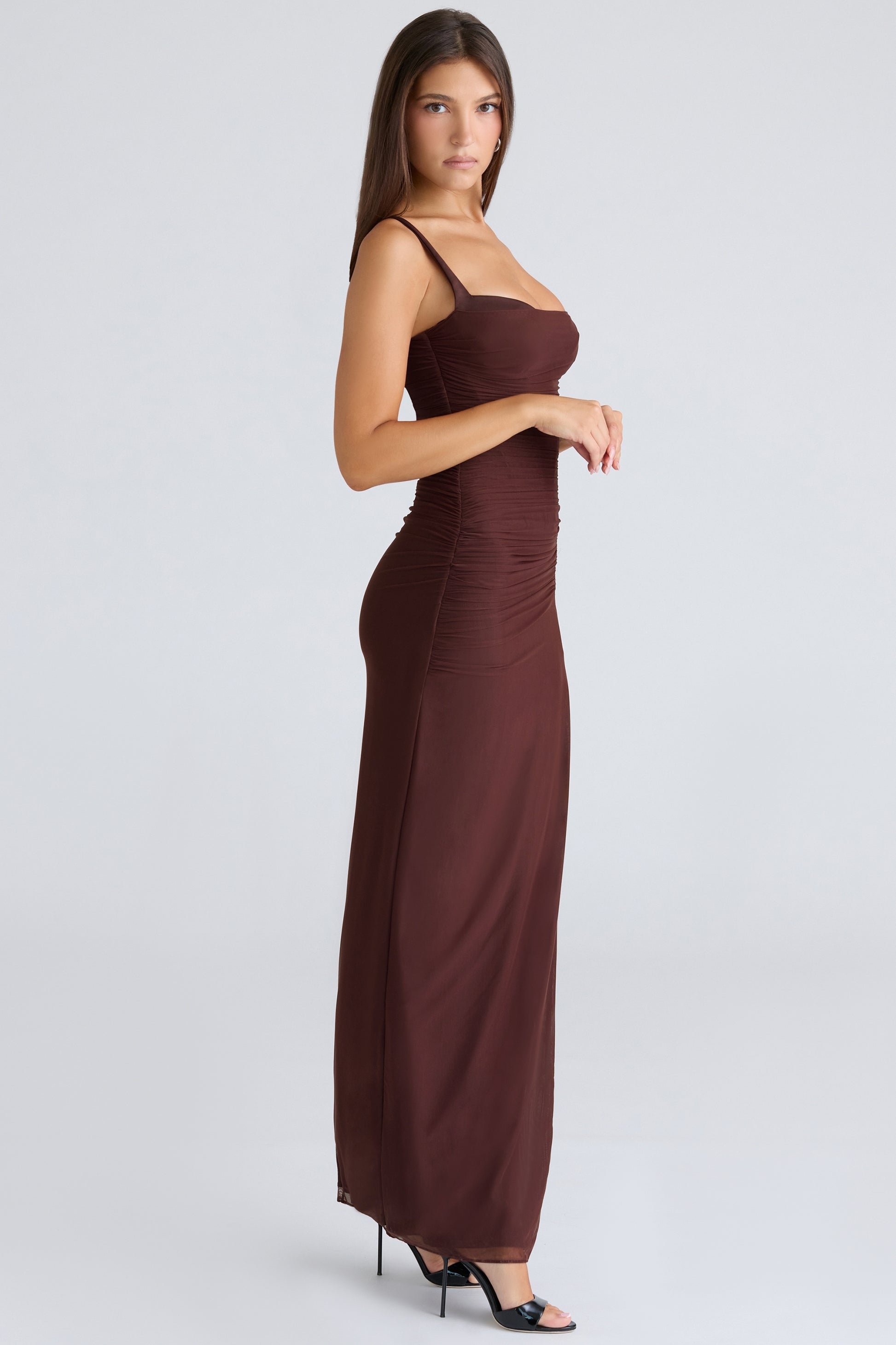 Vestido Maxi Lini Borgonha Malha Elástica Fenda Esculpida Elegante Confortável